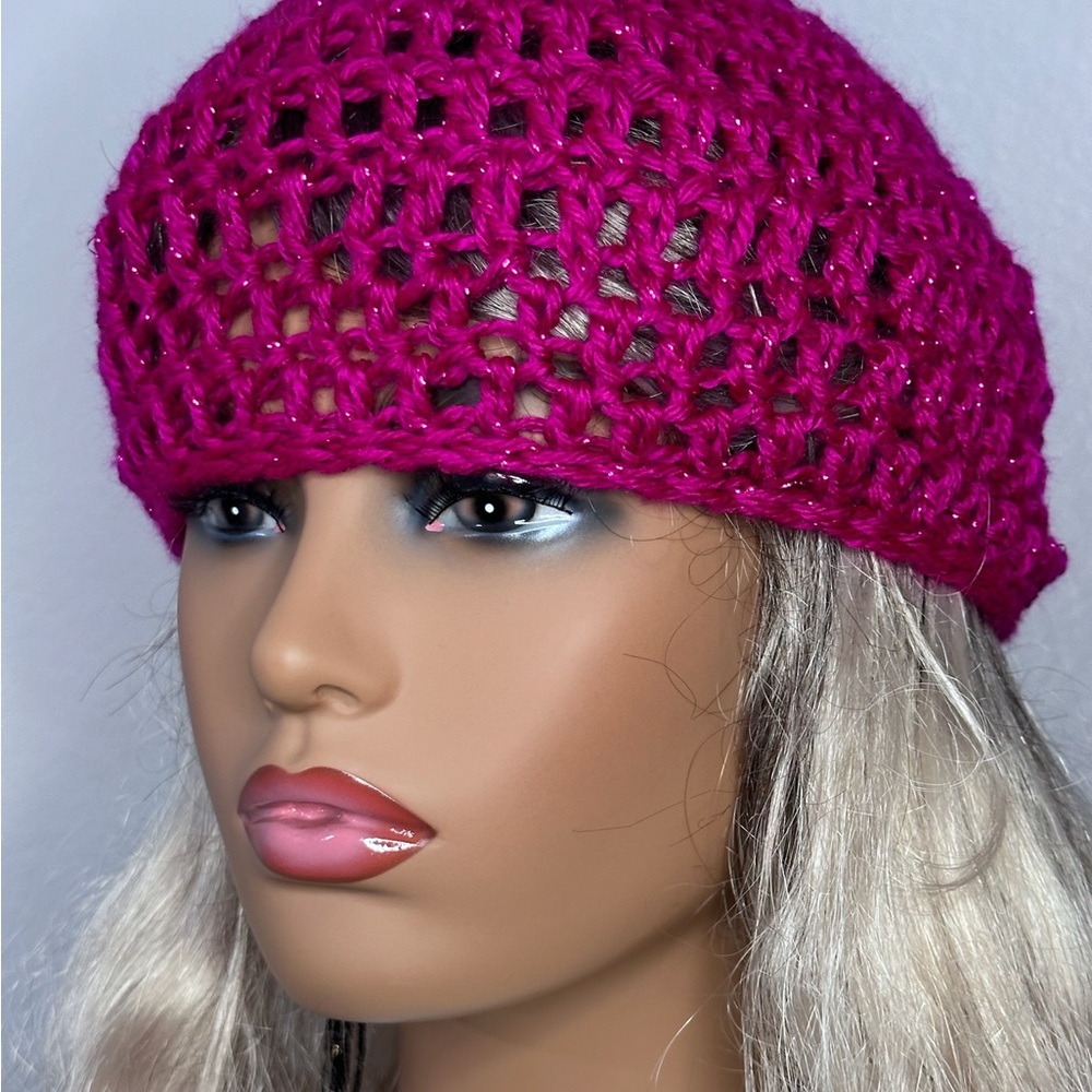 Pink Crochet Lattice Beanie Hat